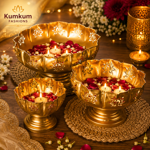Lotus Urli Diamond Flower Brass Metal Eco-Friendly 3-Piece Handmade Modern <b>Candle</b> Holder Bowl Set Home Wedding Diwali Pooja Diya - Product Image 3