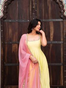 Yellow Pink Women Salwar Kameez Set Embroidered <b>Net</b> Dupatta Solid Sleeveless <b>Top</b> Traditional Dress for Party Wedding - Product Image 2