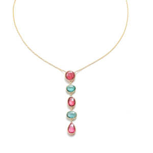 Collar Lariat de Turmalina Rosa y Verde Azulado Natural de Corte Mixto en Oro Amarillo Sólido de 18K – Collar con Colgante Profundo Engastado en Bisel - Product Image 1