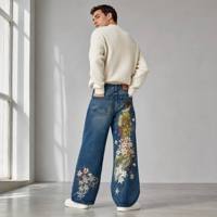 Jeans OEM streetwear baggy Y2K avec motif graphique japonais brodé en 3D, délavé à l'acide, effet soleil, style vintage, coupe empilée, couture personnalisée Hip Hop
