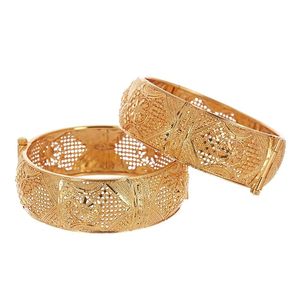 Yacabella Women's 24K Gold Plated Alloy Bangles With Floral Pattern Classic Style Wedding Jewelry - Product Image 2