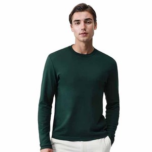 T-shirt à manches longues pour homme, vert foncé, col rond, coupe classique, décontracté, en coton tricoté respirant, haut uni de haute qualité - Product Image 1