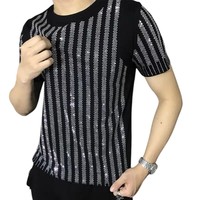 Nouveau T-shirt Homme Noir à Rayures et Strass 2026 – Haut de Gamme Scintillant avec Cristaux pour Fêtes et Mode