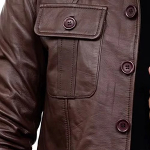 Veste en cuir véritable pour homme, marron, col rabattu, décontractée, coupe classique, fermeture à boutons simples, automne - Product Image 6