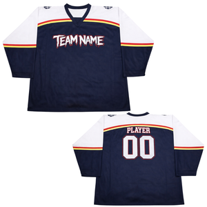 Maillot de hockey sur glace à manches courtes personnalisé pour hommes, imprimé par sublimation, bleu marine et blanc, uniforme de hockey avec nom d'équipe, respirant et athlétique - Product Image 3