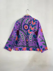 Giacca Suzani Artigianale Viola in Cotone Ricamato con Motivo Floreale Boho a Cuore, Design Etnico, Collo Alto, per <span class=keywords><strong>Donna</strong></span>, Ideale per Festival - Product Image 5