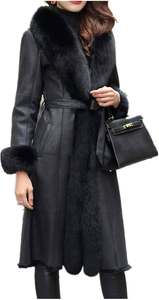 Manteau trench en cuir véritable pour femme avec col en fourrure, long, double boutonnage, vêtements d'extérieur d'hiver, style élégant - Product Image 2