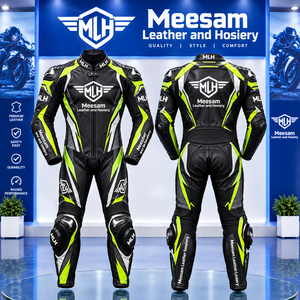 Traje de Motociclismo de Cuero Negro y Verde Neón para Hombre, de Una Pieza, con Protección - Product Image 1