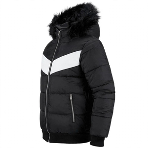 Veste matelassée épaisse à capuche pour homme, coupe-vent d'hiver, noire, avec blocs de couleur, garniture en fourrure, fermeture éclair, doublure en nylon - Product Image 3