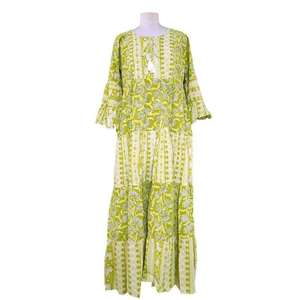 Vestido largo de algodón con estampado floral para mujer, corte relajado, manga 3/4, estilo bohemio, vestido de algodón con estampado a mano, cuello redondo, vestido informal - Product Image 3
