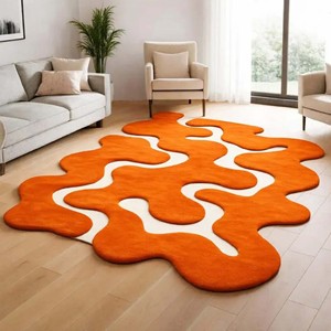 Bright Orange Abstract Area Rug Irregular Shape Modern Hand Tupted Carpet Artistic Unique Floor Rug for Livingroom Bedroom Decor - Product Image 2