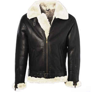 Blouson bomber en cuir véritable pour homme, doublé en sherpa, fermeture éclair, vêtement d'extérieur d'hiver, style motard - Product Image 4