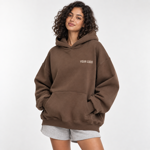 Sweat-shirt à capuche oversize pour femme, en molleton de coton marron uni, à épaules tombantes, pour l'automne - Product Image 3