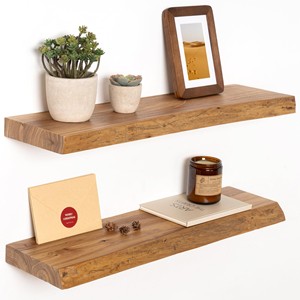 Étagères flottantes en teck recyclé avec bord en verre - Étagère murale en bois artisanale en gros - Product Image 2