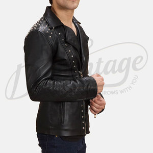 Veste de motard en cuir noir clouté de qualité supérieure pour homme, en peau de mouton véritable, style punk rock, coupe ajustée, manches matelassées - Product Image 2