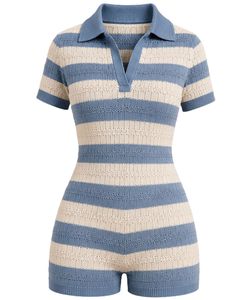 <b>Stone</b> Blue And Ivory Striped Knit Romper Women Short Sleeve Polo Collar Summer Casual One Piece Playsuit Slim Fit Custom Design - Product Image 4