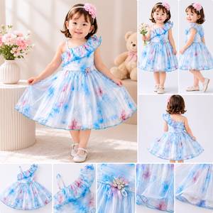 Premium Quality Girls <b>Blue</b> Princess Party <b>Dress</b> Elegant <b>Tulle</b> Gown with Floral Details for Birthday Wedding Events for Sale - Product Image 3