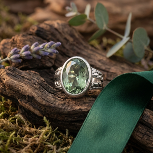 แหวนเงินชุบประดับพลอยสีเขียวอเมทิสต์ทรงรีขนาด 10x14 มม. แบบโบฮีเมียน สำหรับผู้หญิงและผู้ชาย แหวนแต่งงาน รุ่นใหม่ล่าสุด - Product Image 1