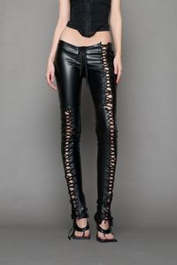 <b>Black</b> <b>Lace</b> Genuine Leather Pants High Waist Gothic Straight Full Length Eco-Friendly Winter Clubwear Button Fly Breathable - Product Image 3