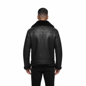 Veste d'hiver unisexe en cuir noir doublée de fourrure, fermeture éclair sur le devant, col rabattable, ourlet réglable avec boucles - Product Image 2