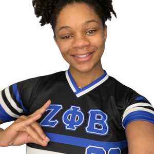 Zeta Phi Beta Black Striped Baseball Jersey Women Blue White Sublimation Polyester Short Sleeve Athletic Shirt Stylish Fit - Product Image 4
