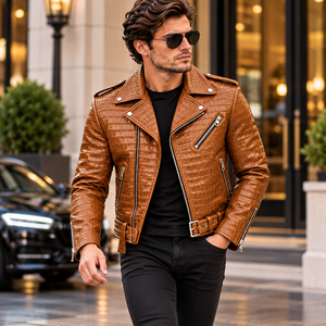 Blouson de motard en cuir marron gaufré crocodile pour homme – Blouson moto tendance avec ceinture, plusieurs poches zippées et ajustable - Product Image 2