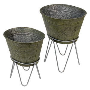 Set of 2 Galvanized Metal Planters with Hairpin Stands Indoor Outdoor Farmhouse Flower <b>Pots</b> for Garden and Balcony Decor - Product Image 1