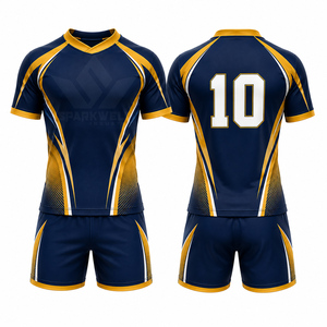 Ensemble de maillot de rugby personnalisé bleu marine et jaune pour hommes, manches courtes, col en V, polyester respirant sublimé, uniforme sportif d'équipe pour adultes - Product Image 5