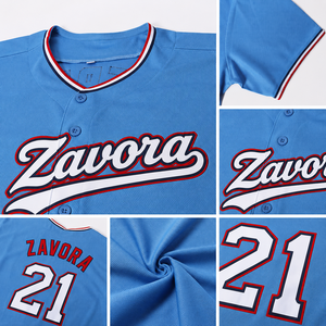 Maillot de baseball personnalisé bleu ciel, tenue d'équipe avec bordure rouge et blanche, boutons sur le devant, numéro personnalisé, style Y2K, maillot de sport tendance, vente en gros USA - Product Image 4