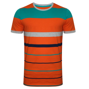 T-shirt décontracté à manches courtes pour homme, col rond, rayures orange, coupe classique, design color block, tricoté - Product Image 2