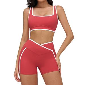 Ensemble de shorts de yoga taille haute et soutien-gorge de sport pour femmes, personnalisable en gros, avec contraste de couleurs, sans couture, respirant et léger, tenue de fitness - Product Image 1