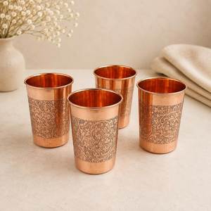 Juego de vasos de cobre puro con grabado floral tradicional indio, vasos de cobre grabados para beber agua, para la mesa del hogar. - Product Image 2