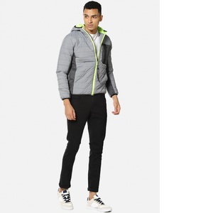 Blouson matelassé gris à capuche pour homme avec fermeture éclair vert citron, coupe-vent, décontracté, pour l'automne, couleur unie, coupe régulière, en polyester - Product Image 2