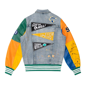 เสื้อแจ็คเก็ตเบสบอลยีนส์คอตั้ง แขนหนัง ไซส์ใหญ่  ปักลาย OEM แบบกำหนดเอง สำหรับทุกเพศ  พร้อมป้ายปักตัวอักษร - Product Image 3