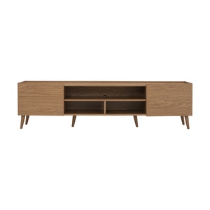 Modern Laminated Board TV Cabinet Oak Wood Finish Low board Media Console Entertainment Center with Double Storage Open <b>Doors</b> - Product Image 3