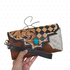 Custom Checkered Design Genuine <b>Leather</b> Hair On Hide Wallet Women <b>Tooled</b> Western Cowhide Wristlet Clutch with Turquoise Stone - Product Image 3