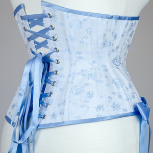 Corsé de satén azul floral para mujer con lazos, control firme, diseño bajo el busto y cierre de corchetes - Product Image 5