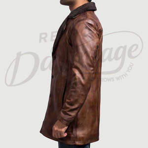 เสื้อโค้ทหนังแท้สีน้ำตาลวินเทจพรีเมียมสำหรับผู้ชาย - แจ็คเก็ตหนังแกะสำหรับฤดูหนาวความยาวปานกลางพร้อมปกขนเฟอร์เทียม - Product Image 4