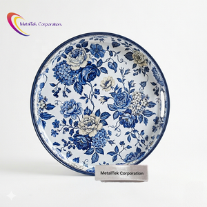 Plateau de service rond décoratif à motifs floraux avec poignées, design chinoiserie bleu et blanc vintage, plateaux en métal de haute qualité, grande taille - Product Image 1