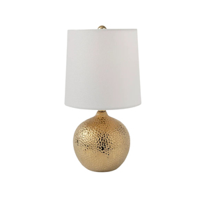 Lámpara de mesa moderna de metal dorado martillado con pantalla de lino blanco, elegante iluminación decorativa para sala de estar y dormitorio, para uso en el hogar y hoteles. - Product Image 1