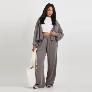 Oversized Mineral Wash Tracksuit Women Heavyweight Fleece <b>Full</b>-<b>Zip</b> <b>Hoodie</b> With Pockets Matching Sweatpants Set Dark Charcoal Gre - Product Image 2