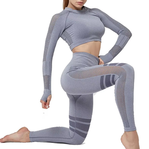 Conjunto Deportivo para Mujer, Leggings Largos sin Costuras de Color Sólido con Top Corto de Manga Larga y Cuello Alto, Ropa Deportiva Transpirable con Textura - Product Image 5