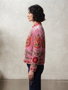 Elegant <b>Velvet</b> Embroidered Cotton Knitted Bomber <b>Jacket</b> <b>Women</b> Stand Collar Floral Handmade Ethnic Boho Autumn Quick Dry Full - Product Image 6