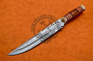 มีดโบวี่เหล็กดามัสกัสทำมือแบรนด์ใหม่ ด้ามไม้ทองเหลือง มีดล่าสัตว์ มีดเอาตัวรอด มีดสะสม ใบมีดคมคงที่ - Product Image 2