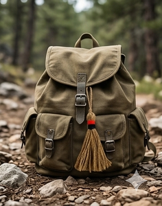 Sac à dos rustique en toile vert olive avec pompons, sac de rangement extérieur pour toutes les saisons - Product Image 1