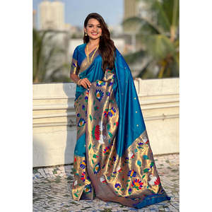 ผ้าไหมพายทานีสีน้ำเงิน ยี่ห้ออีลิท วีฟส์ แบบฮาล์ฟ-ฮาล์ฟ ขอบใหญ่ ปักดิ้นซิป  ชุดอินเดียและปากีสถาน - Product Image 5