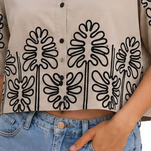 Beige Women Cropped Button Shirt Black Floral Embroidery Short Sleeve Casual Summer Blouse Cotton Fashion Designer <b>Top</b> Custom - Product Image 5