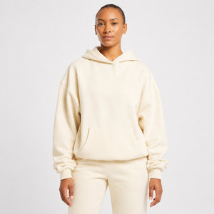 Sweat à capuche décontracté pour femme, 100 % coton molletonné, coupe oversize ample, couleur unie noire, logo personnalisable sur le devant - Product Image 2
