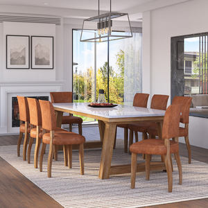 Modern Rectangle <b>Dining</b> <b>Table</b> Set With Marble Top <b>Wood</b> <b>Legs</b> 8 Leather Chairs Home Furniture - Product Image 3