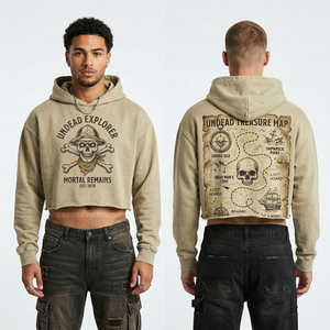 Sweat-shirt court à ourlet brut personnalisé pour homme, beige kaki, avec motif graphique Carte du trésor Explorateur Mort-vivant, style streetwear, pour revendeurs - Product Image 1
